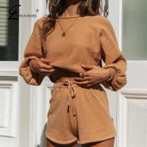 Two Piece Set Women Solid Bubble Sleeve Sweater + Shorts 2 Piece Set Women Autumn New Loose Casual Tracksuit