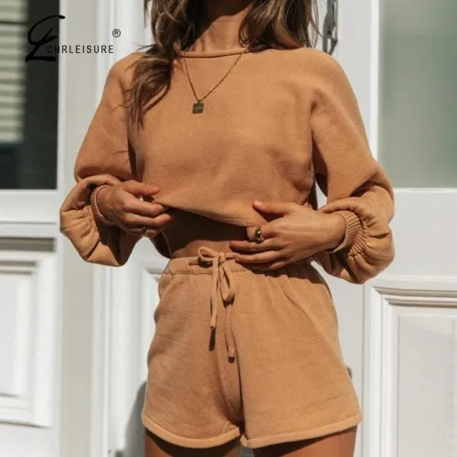 Two Piece Set Women Solid Bubble Sleeve Sweater + Shorts 2 Piece Set Women Autumn New Loose Casual Tracksuit