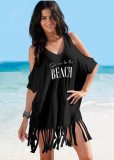 Summer Beach Bikini Cover Up Women White Off Shoulder Kafan Sarong Loose Tops Casual Fringed Shirt Swimwear Beachwear