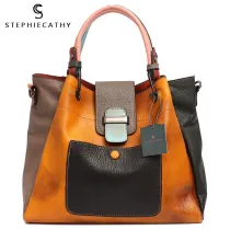 Retro Color Leather Patchwork Shoulder Bag Ladies Italian Leather Hobo Women Vintage Tote Female Crossbody&Messenger HandBag