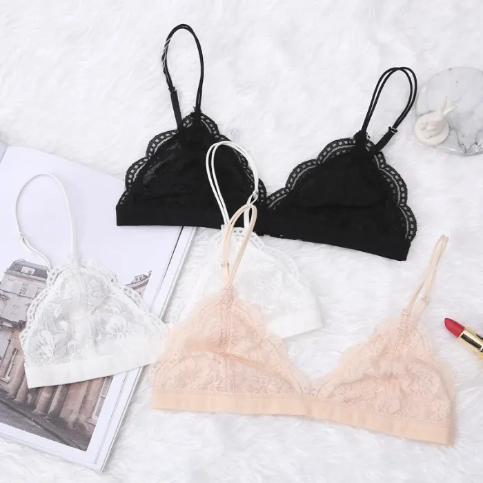 VRAIMMOI Sexy Lace Thin Triangle Bra For Women Lingerie Wireless Underwear Transparent Push Up bras Solid White/Black Bralette