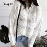 Simplee knitted hollow out sweater women Drop-shoulder  sleeve pullover Loose high-necked  white sweater autumn winter 2020