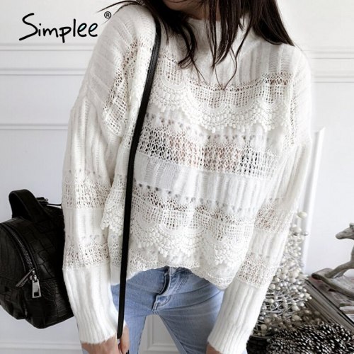 Simplee knitted hollow out sweater women Drop-shoulder  sleeve pullover Loose high-necked  white sweater autumn winter 2020