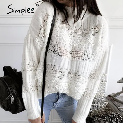Simplee knitted hollow out sweater women Drop-shoulder  sleeve pullover Loose high-necked  white sweater autumn winter 2020