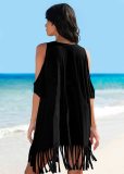 Summer Beach Bikini Cover Up Women White Off Shoulder Kafan Sarong Loose Tops Casual Fringed Shirt Swimwear Beachwear