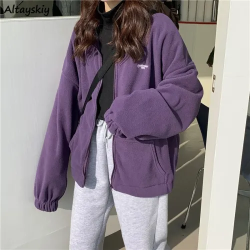 Jackets Women Loose Plus Velvet Zip-up Pockets Letter Casual Oversize BF Ulzzang Harajuku Daily Streetwear Womens Trendy New Hot