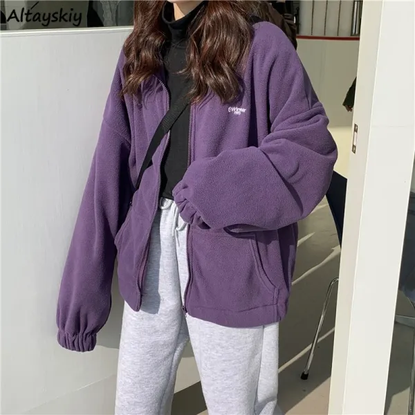 Jackets Women Loose Plus Velvet Zip-up Pockets Letter Casual Oversize BF Ulzzang Harajuku Daily Streetwear Womens Trendy New Hot