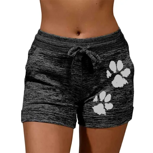New Summer Fast Drying Drawstring cat paw print shorts Lace Up High Waist Elastic Cotton Short Women Beach Casual Sport Shorts