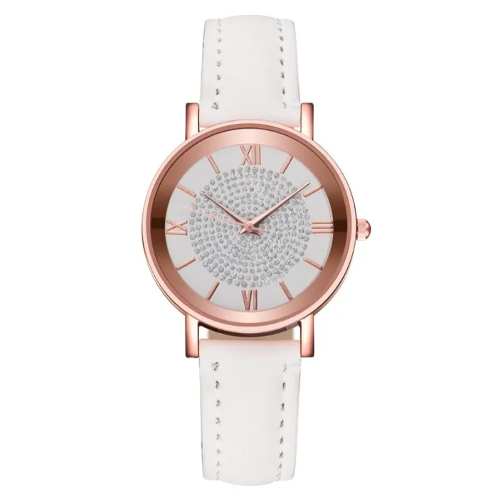 Dial Watches for Women Fashion Roman Scale Rhinestone Leather Ladies Quartz Watch Female Wrist Watch