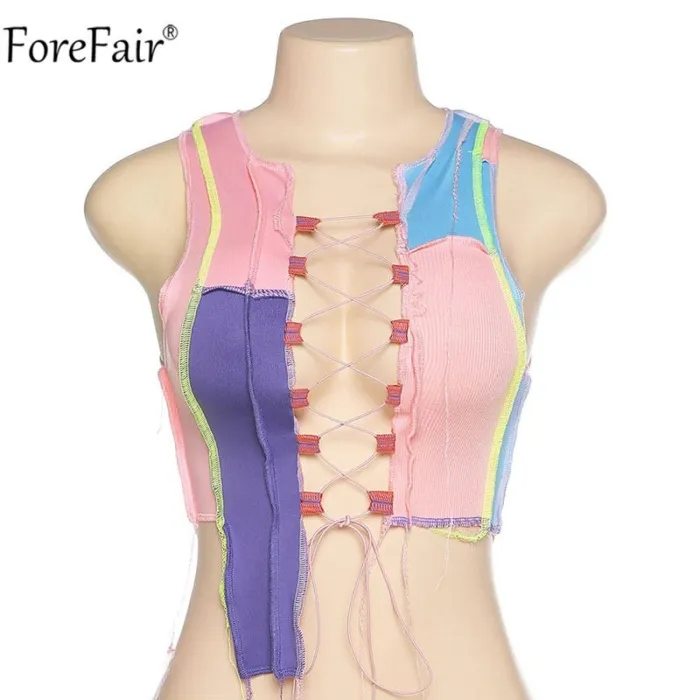 Forefair 2020 Summer Patchwork Sleeveless Crop Top Bandage Sexy Women Hollow Out Party Cami Colorful Tank Tops