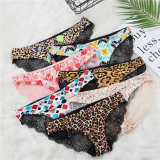 Fashion Women's Sexy Lace Panties Seamless Underwear Briefs Leopard Ice Silk for Girls Bikini Cotton Crotch Transparent Lingerie