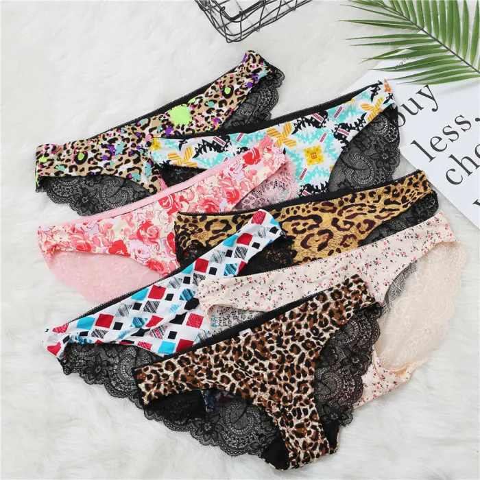 Fashion Women's Sexy Lace Panties Seamless Underwear Briefs Leopard Ice Silk for Girls Bikini Cotton Crotch Transparent Lingerie