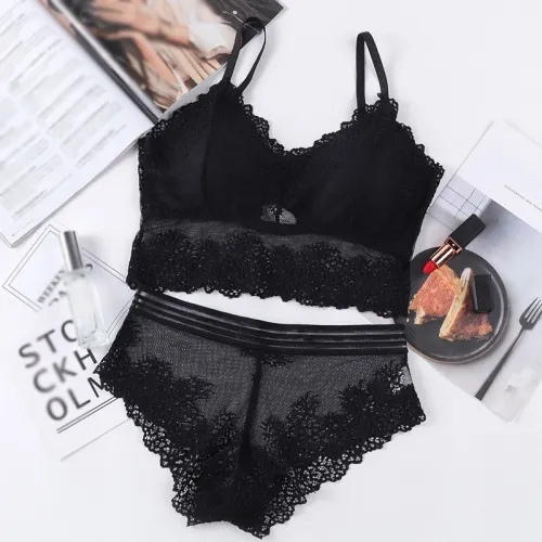 Fahion V-Neck Lace Gathered Bra Set Female Wrapped Chest Women Lace Bras With Briefs