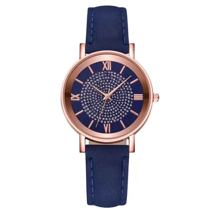 Dial Watches for Women Fashion Roman Scale Rhinestone Leather Ladies Quartz Watch Female Wrist Watch