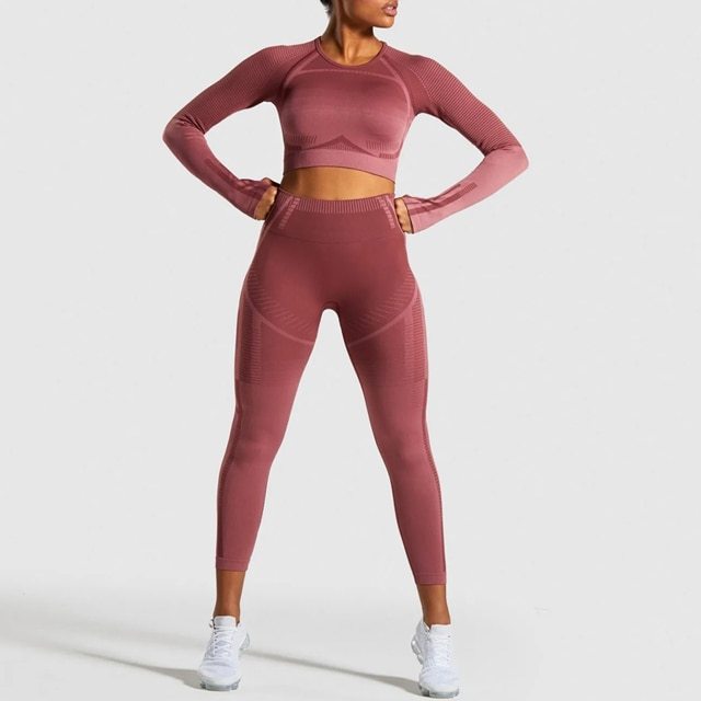 Women Seamless Gym Sets High Waist Gym Mesh Leggings Shirts Suit Long Sleeve Fitness Workout Sports Running Thin Sport Sets