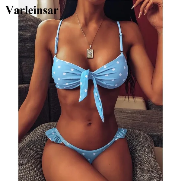 2020 Sexy Blue Bow Polka Dot Bikini Women Swimwear Female Swimsuit Two-piece Bikini set Brazilian Bather Bathing Suit Swim V1672