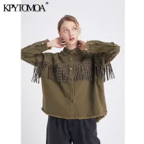 Vintage Stylish Fringe Beaded Loose Denim Jacket Coat Women 2020 Fashion Long Sleeve Frayed Trim Ladies Outerwear