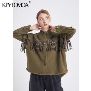 Vintage Stylish Fringe Beaded Loose Denim Jacket Coat Women 2020 Fashion Long Sleeve Frayed Trim Ladies Outerwear