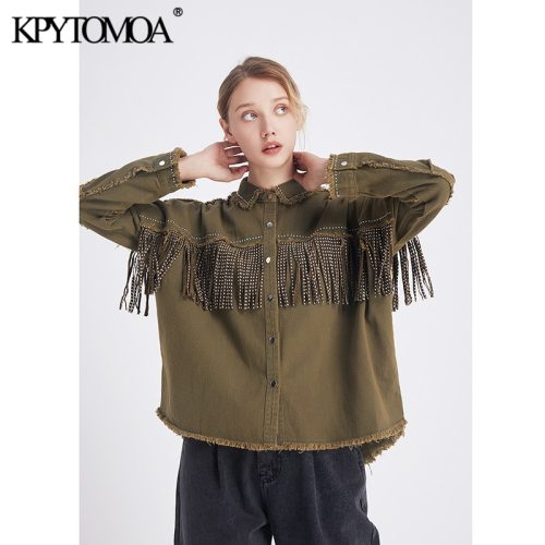 Vintage Stylish Fringe Beaded Loose Denim Jacket Coat Women 2020 Fashion Long Sleeve Frayed Trim Ladies Outerwear