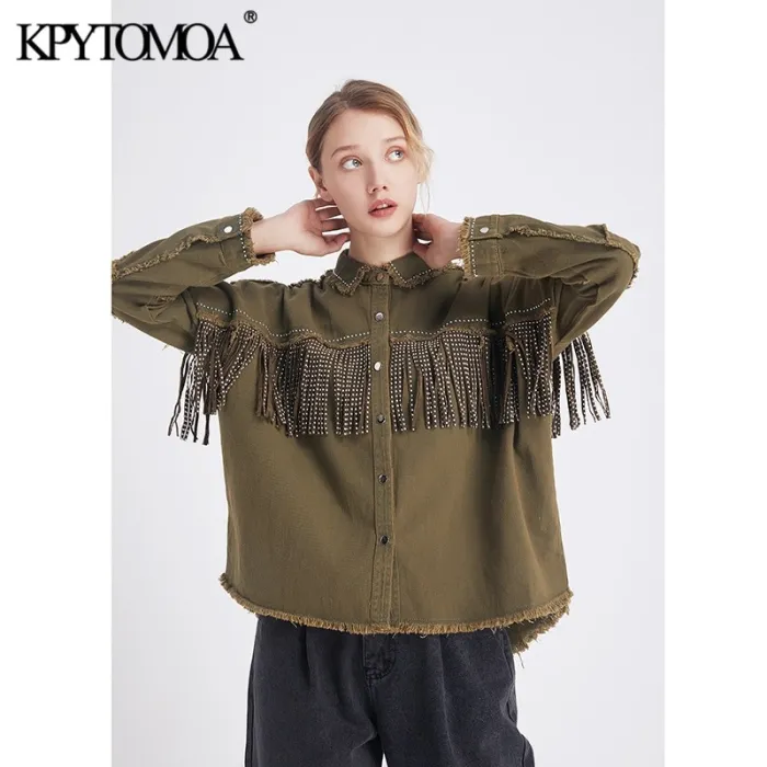 Vintage Stylish Fringe Beaded Loose Denim Jacket Coat Women 2020 Fashion Long Sleeve Frayed Trim Ladies Outerwear