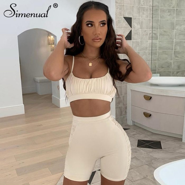 Simenual Ruched Workout Active Wear Matching Set Women Strap Casual Sporty 2 Piece Outfits Summer Camis And Biker Shorts Sets