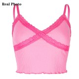 Waatfaak Patchwork Lace Y2K Summer Crop Top Women Pink Casual Cropped Tops Purple Tank Top Spaghetti Straps Camis Top E-girl