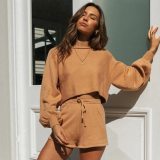 Two Piece Set Women Solid Bubble Sleeve Sweater + Shorts 2 Piece Set Women Autumn New Loose Casual Tracksuit
