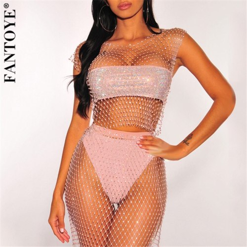 Fantoye Sexy Fishnet Diamond Beach Cover Up Dress Women Bikini Crystal Two Piece Set Dress Crochet Mesh Swimsuit Swimwear Dress