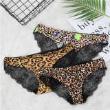 Fashion Women's Sexy Lace Panties Seamless Underwear Briefs Leopard Ice Silk for Girls Bikini Cotton Crotch Transparent Lingerie