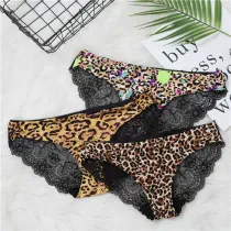 Fashion Women's Sexy Lace Panties Seamless Underwear Briefs Leopard Ice Silk for Girls Bikini Cotton Crotch Transparent Lingerie