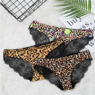 Fashion Women's Sexy Lace Panties Seamless Underwear Briefs Leopard Ice Silk for Girls Bikini Cotton Crotch Transparent Lingerie