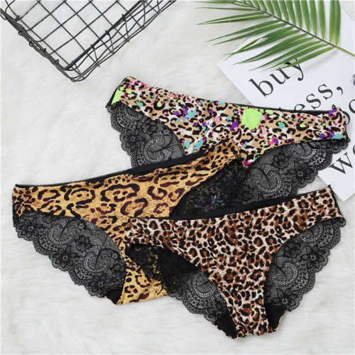 Fashion Women's Sexy Lace Panties Seamless Underwear Briefs Leopard Ice Silk for Girls Bikini Cotton Crotch Transparent Lingerie