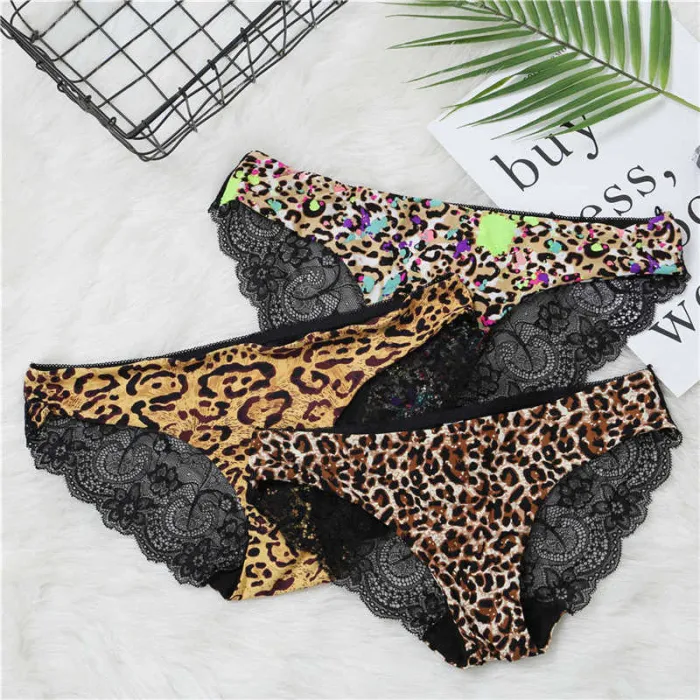Fashion Women's Sexy Lace Panties Seamless Underwear Briefs Leopard Ice Silk for Girls Bikini Cotton Crotch Transparent Lingerie