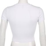 ALLNeon Harajuku Ribbed Tight Printing Crop Tops O-neck Short Sleeve Skinny White T-shirts Vintage Y2K Summer Tops Streetwear