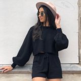 Two Piece Set Women Solid Bubble Sleeve Sweater + Shorts 2 Piece Set Women Autumn New Loose Casual Tracksuit