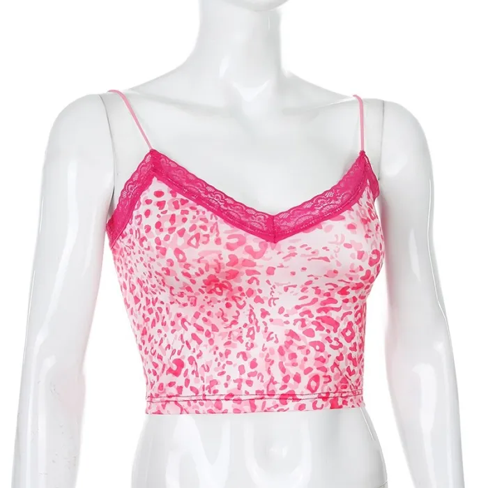 Sweetown Pink Patchwork Lace Edge Leopard Tank Top Women Sleeveless Sexy Party Clubwear V Neck Rave Streetwear Crop Top Harajuku