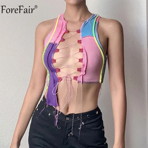 Forefair 2020 Summer Patchwork Sleeveless Crop Top Bandage Sexy Women Hollow Out Party Cami Colorful Tank Tops