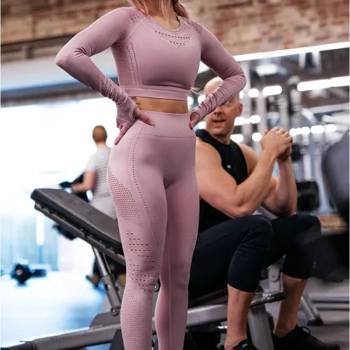 Women Seamless Gym Sets High Waist Gym Mesh Leggings Shirts Suit Long Sleeve Fitness Workout Sports Running Thin Sport Sets