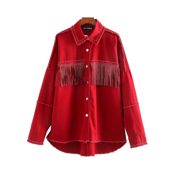 Vintage Stylish Fringe Beaded Loose Denim Jacket Coat Women 2020 Fashion Long Sleeve Frayed Trim Ladies Outerwear