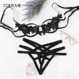 COLROVIE Blue Harness Appliques Underwire Sexy Women Intimates 2019 Black Thongs V-String Transparent Female Underwear Bra Set