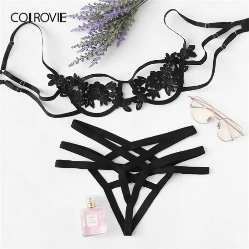 COLROVIE Blue Harness Appliques Underwire Sexy Women Intimates 2019 Black Thongs V-String Transparent Female Underwear Bra Set