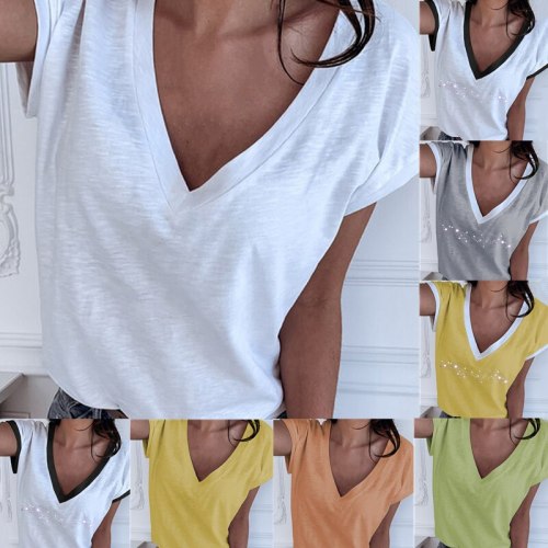 GAOKE White Summer T Shirt Women Casual Womens Tee Shirts V-neck Tshirt Pus Size XL Short Sleeve T-shirt Ladies Women Clothings