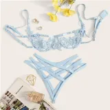 COLROVIE Blue Harness Appliques Underwire Sexy Women Intimates 2019 Black Thongs V-String Transparent Female Underwear Bra Set