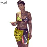 VAZN Camouflage Colorful Printed Sexy Two Piece Set Spaghetti Strap Sleeveless Crop Top And Sheath Short Pants Tracksuit LS6222
