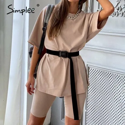 Casual solid outfits women's two piece suit with belt Home loose sports tracksuits fashion bicycle suit summer hot 2020