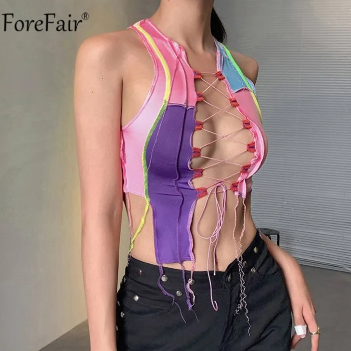 Forefair 2020 Summer Patchwork Sleeveless Crop Top Bandage Sexy Women Hollow Out Party Cami Colorful Tank Tops