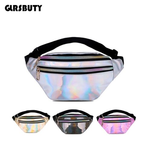 2019 Holographic Women Silver Laser Bum Bag Travel Shiny Waist Bags Fashion Girls Pink Leather Hologram Hip Bag