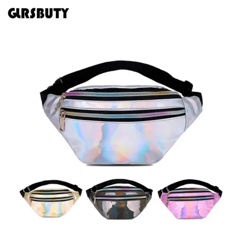 2019 Holographic Women Silver Laser Bum Bag Travel Shiny Waist Bags Fashion Girls Pink Leather Hologram Hip Bag