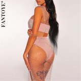 Fantoye Sexy Fishnet Diamond Beach Cover Up Dress Women Bikini Crystal Two Piece Set Dress Crochet Mesh Swimsuit Swimwear Dress