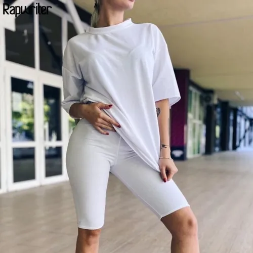 Rapwriter Solid Summer Oversized Tshirt And Shorts Two Piece Set Women Slim Shorts Long Tee Shirt Outfits Femme Biker Track Suit